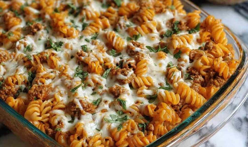Cottage Cheese Protein Pasta Bake 5 Cottage cheese protein pasta bake in white baking dish with melted mozzarella cheese and fresh basil garnish