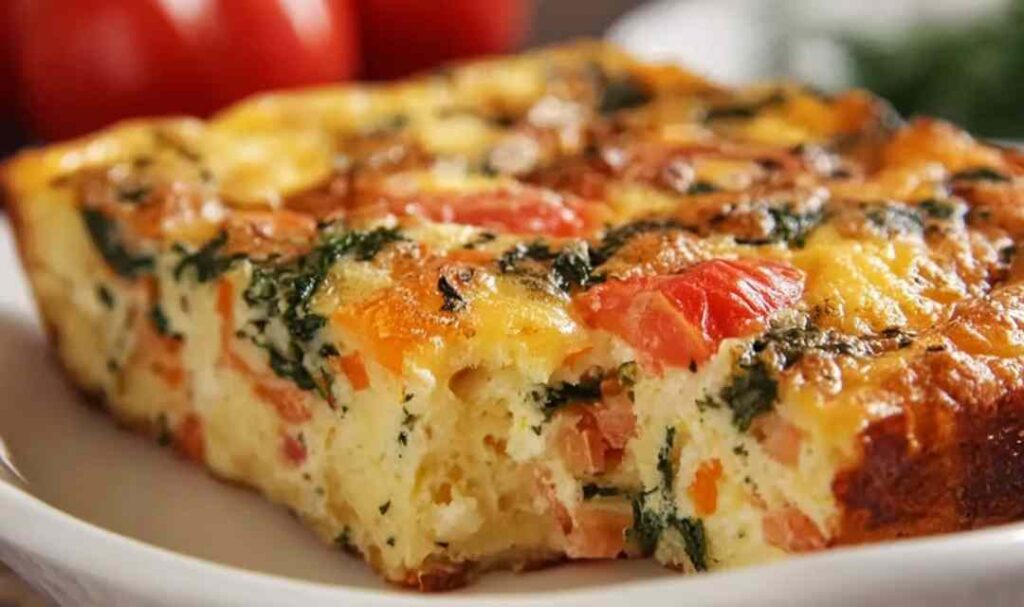 Cottage Cheese Veggie Bake 5 Cottage cheese veggie bake sliced in a white baking dish with golden top and colorful vegetables