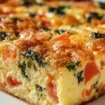 Cottage cheese veggie bake sliced in a white baking dish with golden top and colorful vegetables