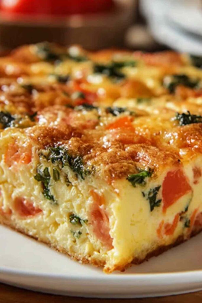 Cottage Cheese Veggie Bake 6 Cottage cheese veggie bake sliced in a white baking dish with golden top and colorful vegetables