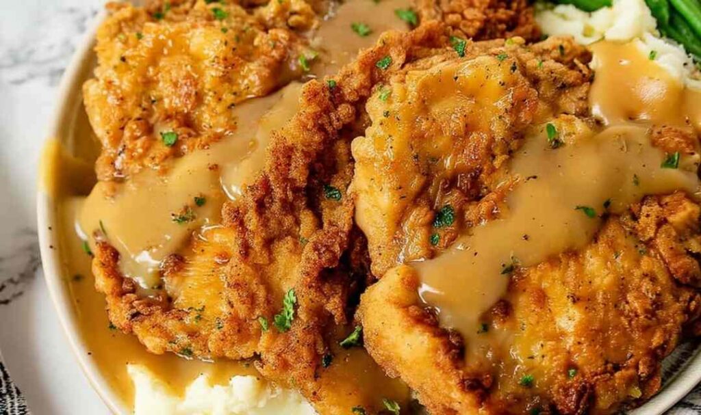 Golden crispy Country Fried Chicken on a white plate with mashed potatoes and gravy