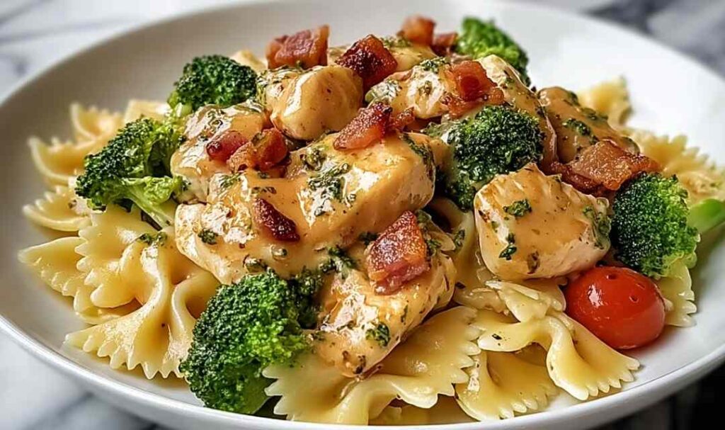 Cowboy Butter Lemon Bowtie Chicken 5 Cowboy butter lemon bowtie chicken in a skillet topped with Parmesan and fresh parsley