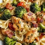 Cowboy butter lemon bowtie chicken in a skillet topped with Parmesan and fresh parsley