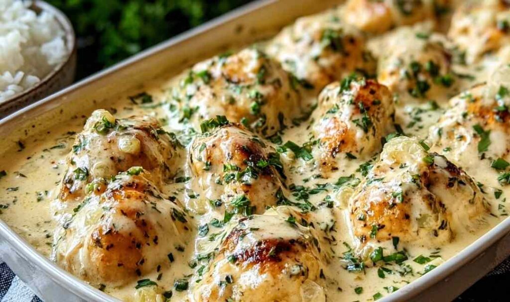 Creamy Asiago Chicken 5 Creamy Asiago chicken in a skillet with golden cheese sauce and fresh parsley