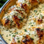 Creamy Asiago chicken in a skillet with golden cheese sauce and fresh parsley
