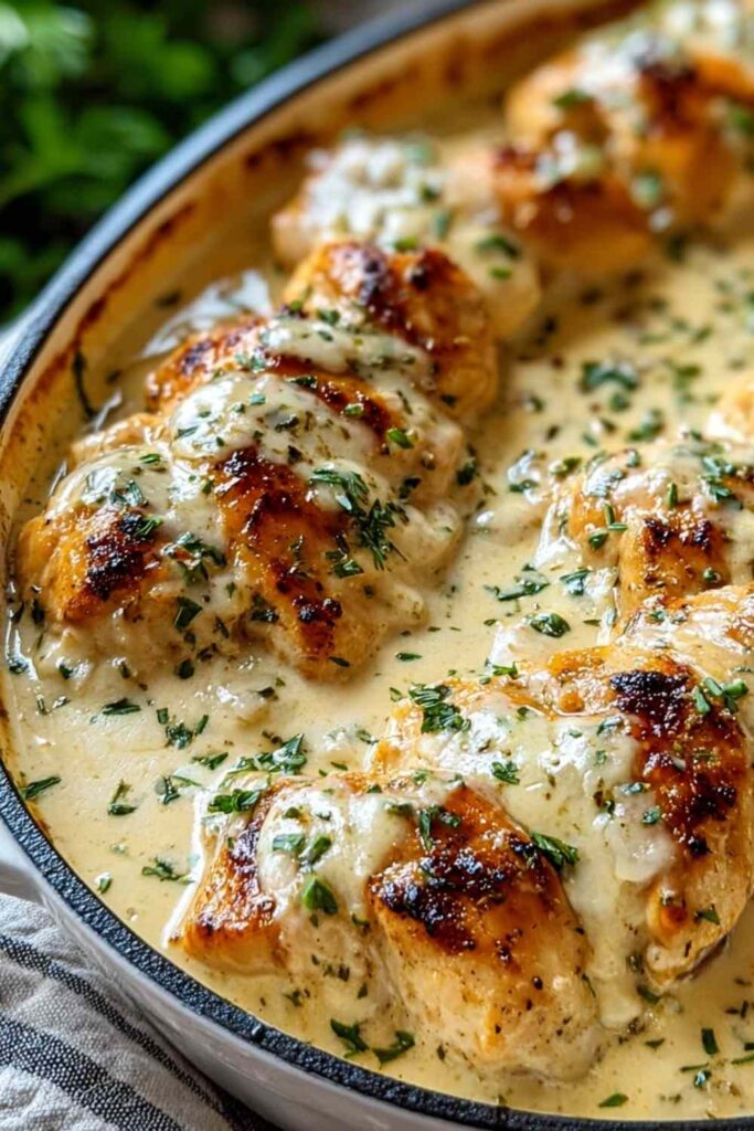 Creamy Asiago Chicken 6 Creamy Asiago chicken in a skillet with golden cheese sauce and fresh parsley