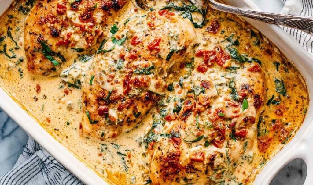 Creamy baked chicken breasts in skillet with garlic Parmesan sauce and fresh parsley garnish