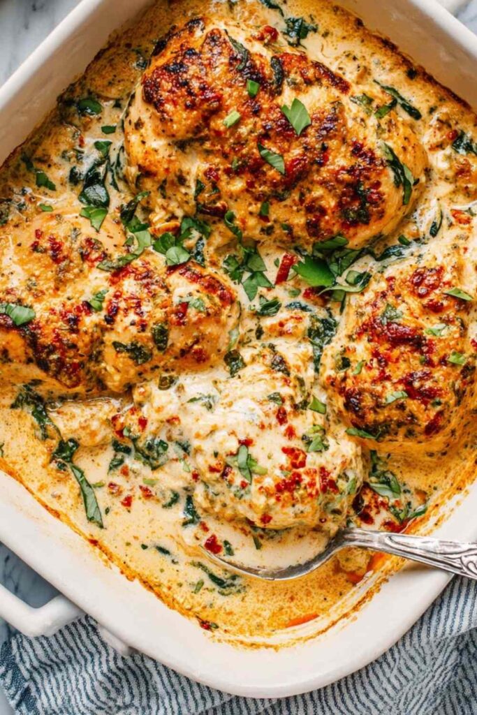Creamy baked chicken breasts in skillet with garlic Parmesan sauce and fresh parsley garnish