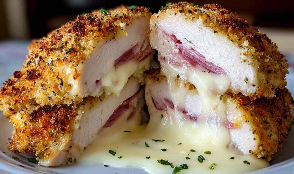 Creamy chicken cordon bleu in a skillet with melted Swiss cheese, ham, and Dijon cream sauce garnished with fresh parsley