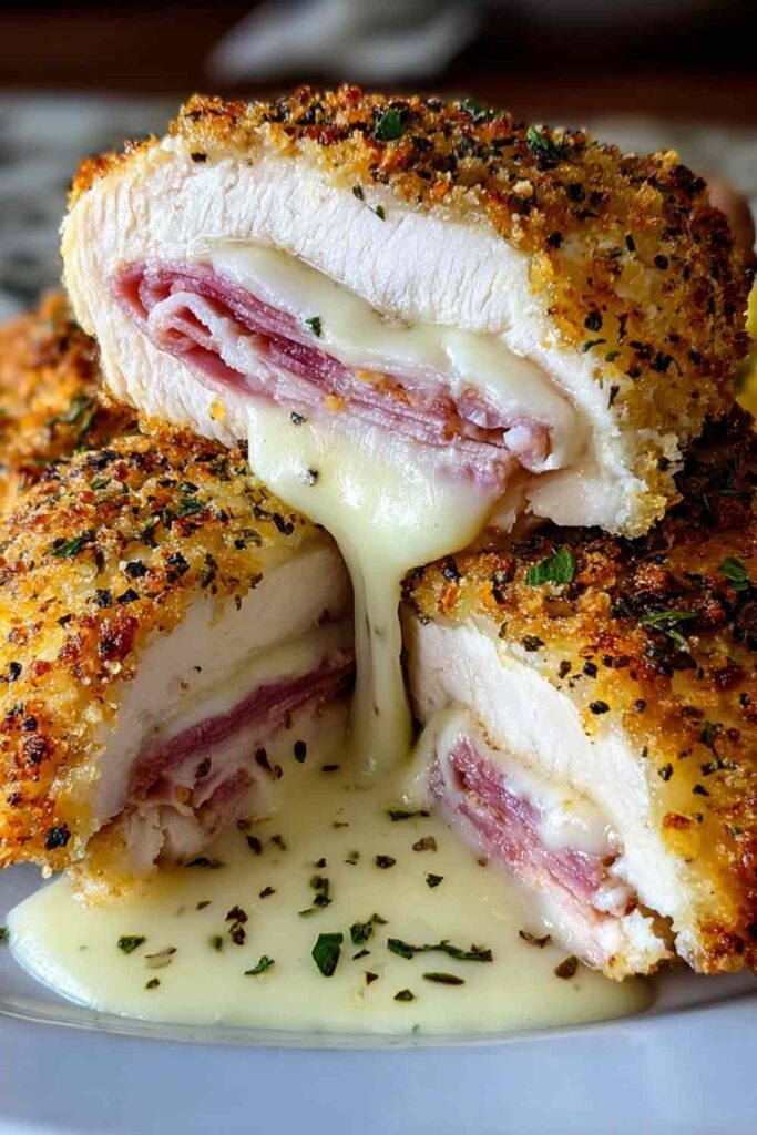 Creamy chicken cordon bleu in a skillet with melted Swiss cheese, ham, and Dijon cream sauce garnished with fresh parsley