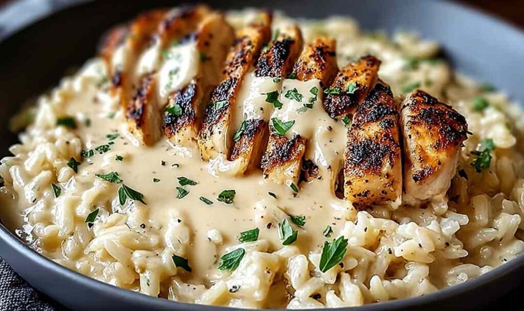 Creamy Chicken Rice Instant Pot in white bowl garnished with fresh parsley