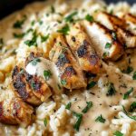 Creamy Chicken Rice Instant Pot in white bowl garnished with fresh parsley