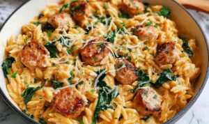 Creamy chicken sausage orzo skillet garnished with fresh parsley and lemon zest in a large pan