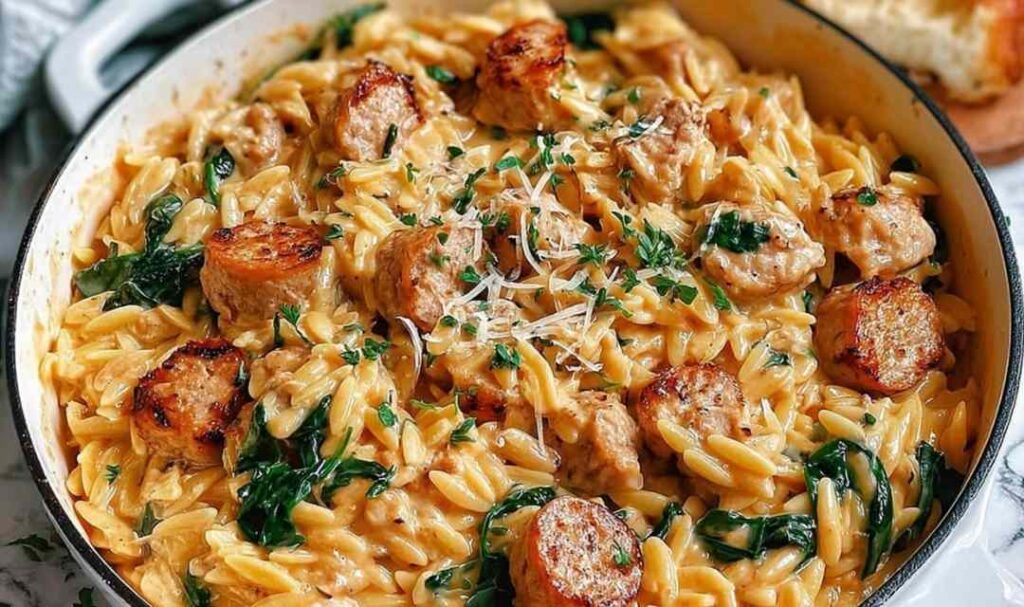 Creamy chicken sausage orzo skillet garnished with fresh parsley and lemon zest in a large pan