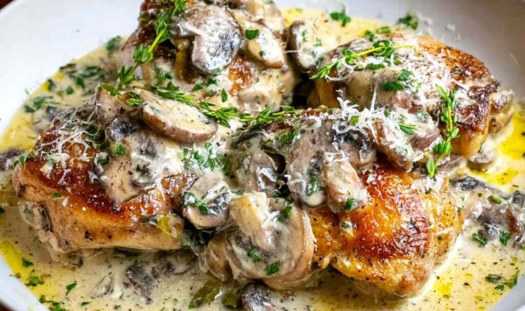 Creamy garlic Mushroom Chicken Thighs 5 Creamy garlic mushroom chicken thighs in a cast iron skillet with golden crispy skin and rich garlic mushroom sauce