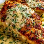 Creamy garlic parmesan chicken breast in a skillet with golden Parmesan sauce and fresh parsley garnish
