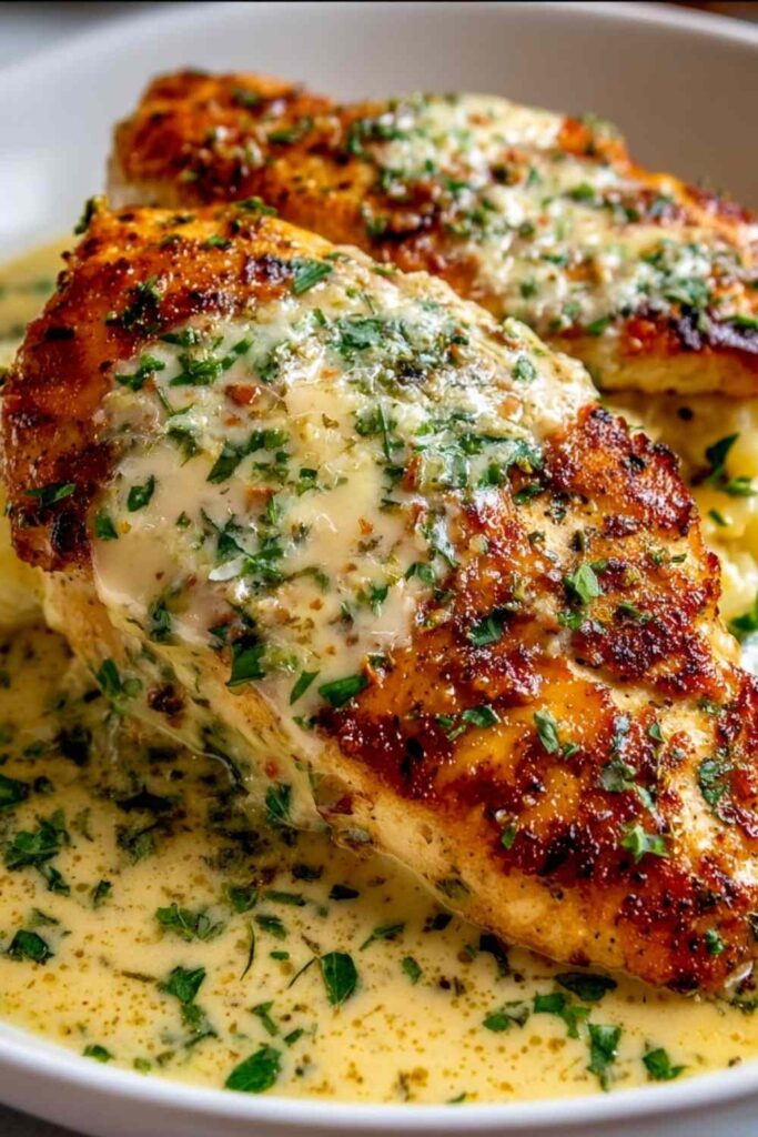 Creamy garlic parmesan chicken breast in a skillet with golden Parmesan sauce and fresh parsley garnish