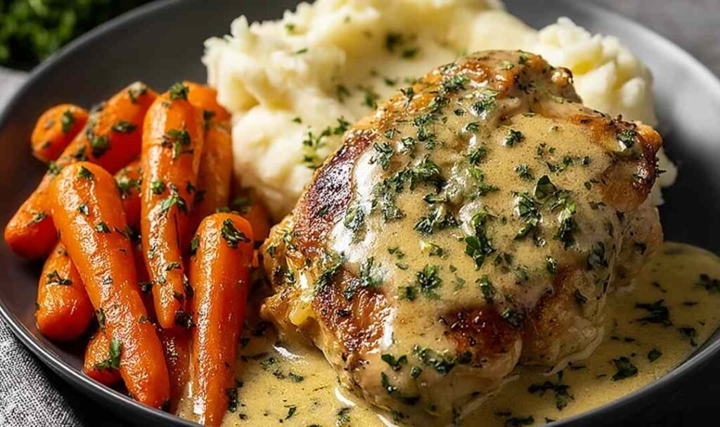 Creamy herb chicken with mashed potatoes on a white plate with fresh parsley garnish