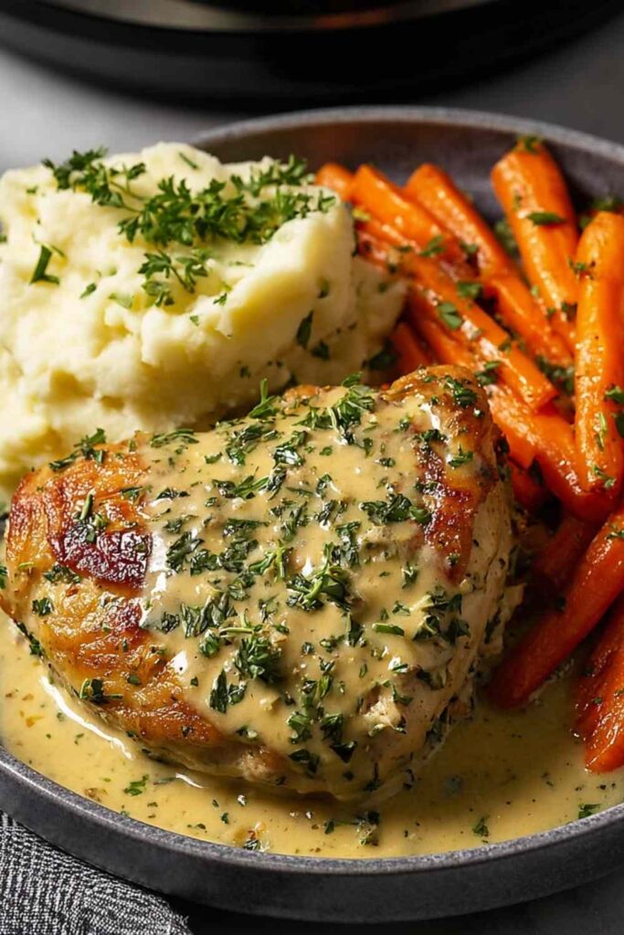 Creamy herb chicken with mashed potatoes on a white plate with fresh parsley garnish