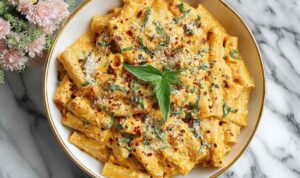 Cottage cheese pasta in a white bowl topped with fresh basil and parmesan cheese