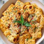 Cottage cheese pasta in a white bowl topped with fresh basil and parmesan cheese