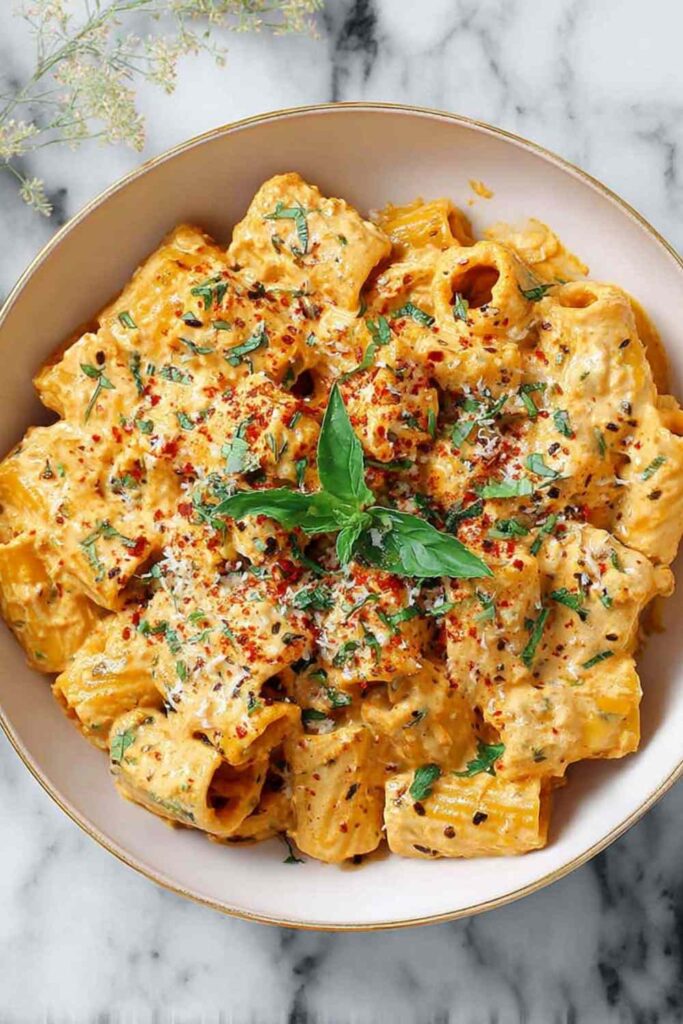 Cottage cheese pasta in a white bowl topped with fresh basil and parmesan cheese