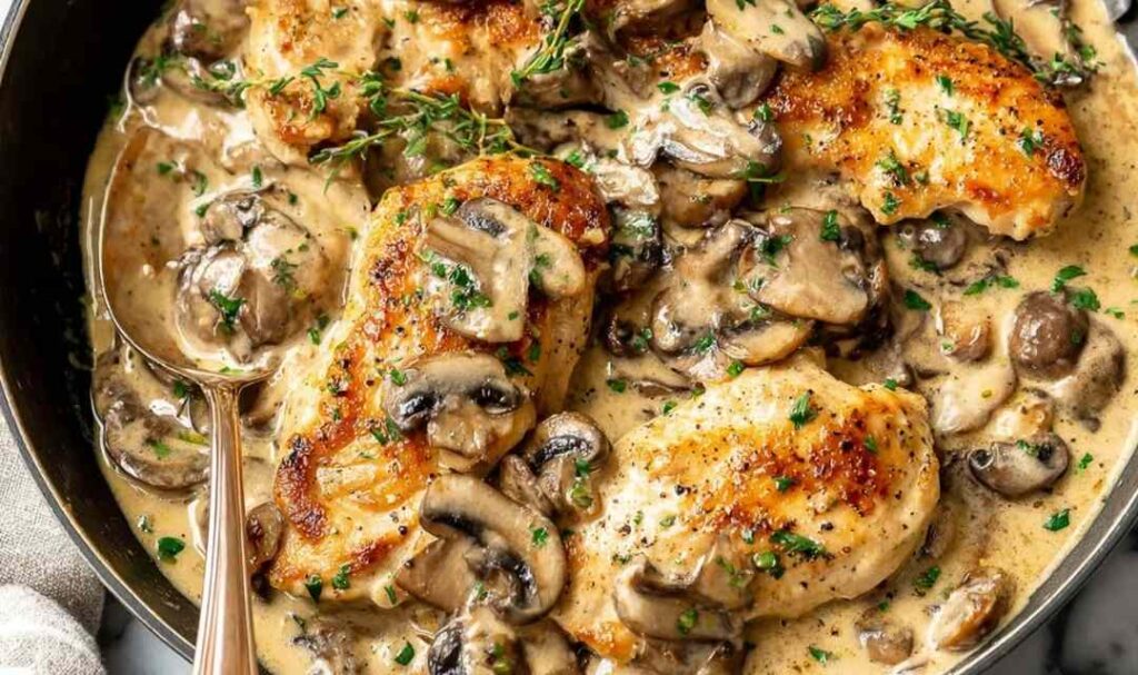 Creamy mushroom chicken in skillet with golden chicken and rich garlic sauce