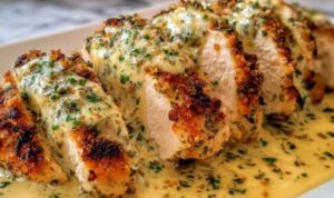 Baked Caesar chicken with creamy Parmesan sauce in a white baking dish topped with melted mozzarella and fresh parsley