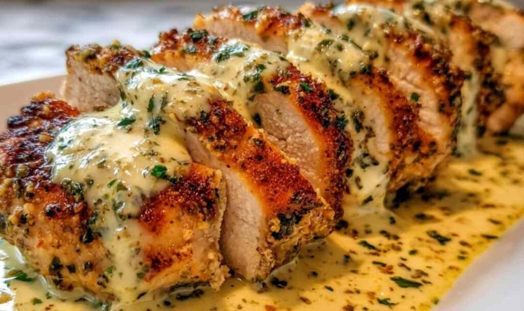 Baked Caesar Chicken with Creamy Parmesan Sauce 5 Baked Caesar chicken with creamy Parmesan sauce in a white baking dish topped with melted mozzarella and fresh parsley