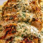 Baked Caesar chicken with creamy Parmesan sauce in a white baking dish topped with melted mozzarella and fresh parsley
