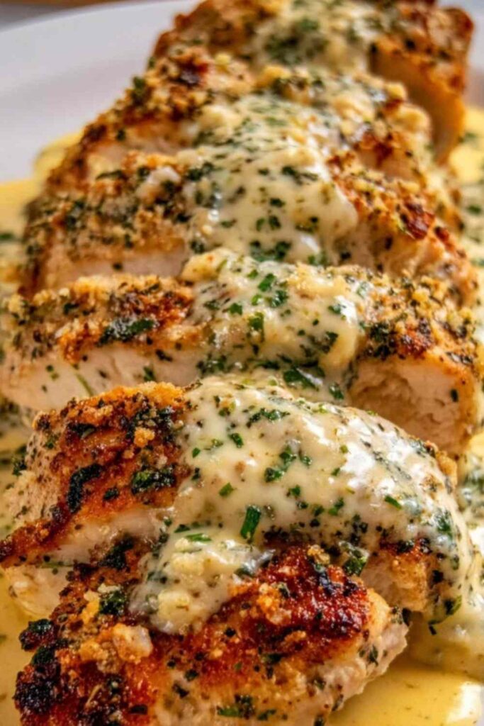 Baked Caesar Chicken with Creamy Parmesan Sauce 6 Baked Caesar chicken with creamy Parmesan sauce in a white baking dish topped with melted mozzarella and fresh parsley