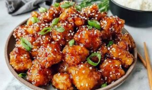 Crispy Chinese honey chicken pieces coated in glossy honey sauce with sesame seeds on white plate