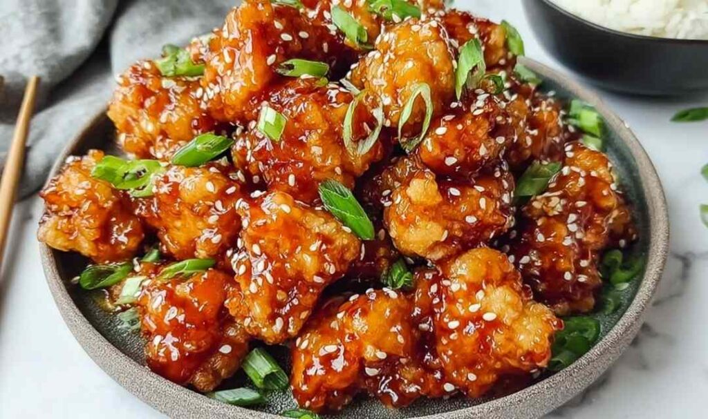 Crispy Chinese honey chicken pieces coated in glossy honey sauce with sesame seeds on white plate