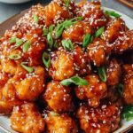 Crispy Chinese honey chicken pieces coated in glossy honey sauce with sesame seeds on white plate