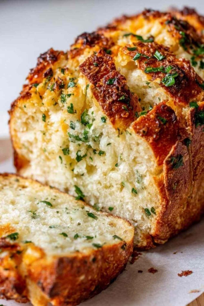 Crispy garlic Parmesan bread on a baking sheet with golden melted cheese and fresh chopped parsley