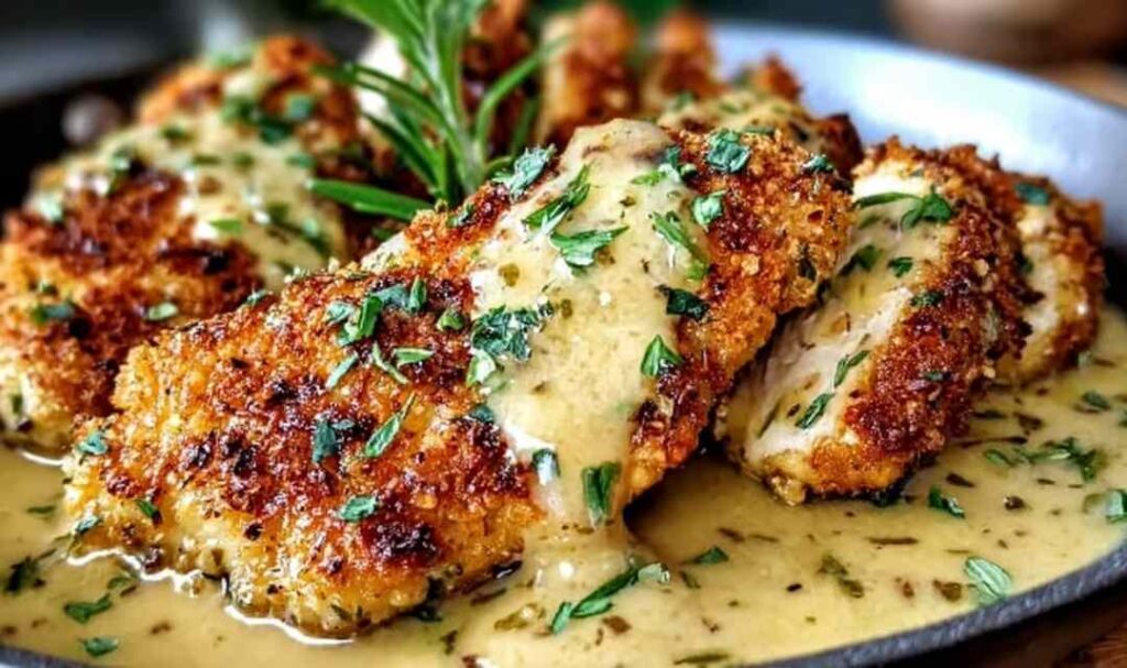 Crispy Parmesan Chicken with Garlic Sauce on white plate with creamy sauce