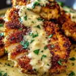 Crispy Parmesan Chicken with Garlic Sauce on white plate with creamy sauce