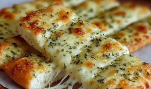 Crispy sourdough cheesy breadsticks on parchment paper with golden melted cheese