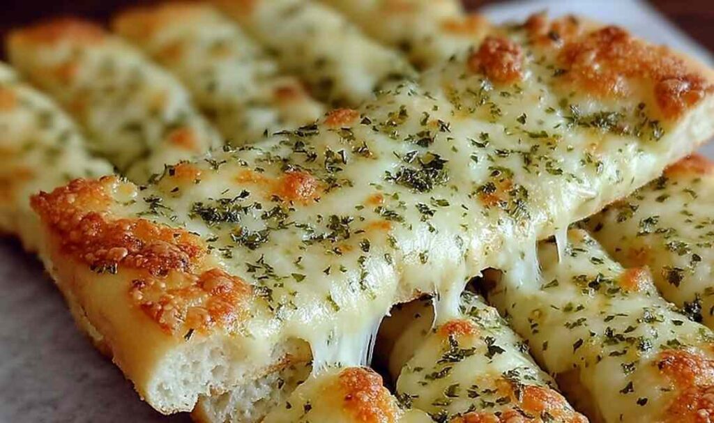 Crispy sourdough cheesy breadsticks on parchment paper with golden melted cheese
