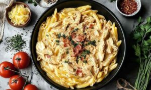 Crock pot creamy Cajun chicken pasta in a white bowl with fresh parsley garnish
