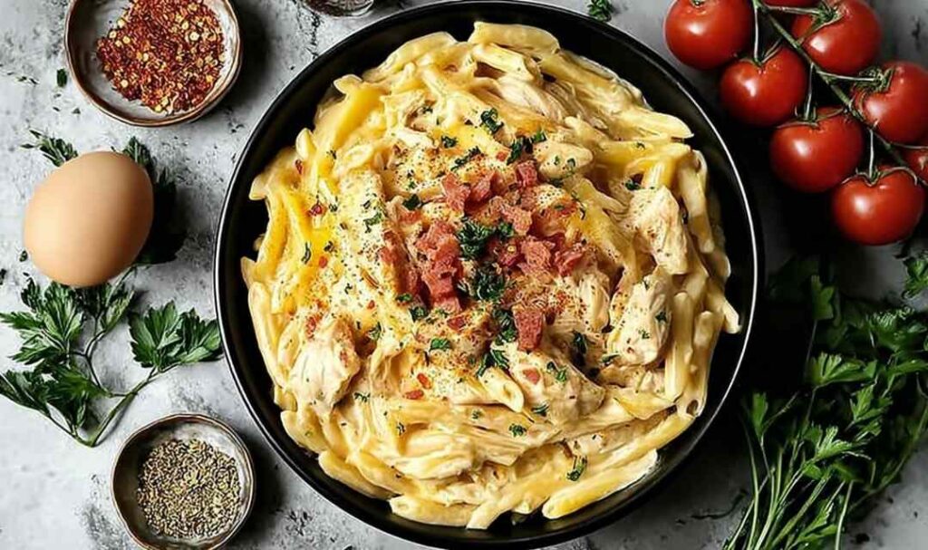 Crock Pot Creamy Cajun Chicken Pasta 5 Crock pot creamy Cajun chicken pasta in a white bowl with fresh parsley garnish