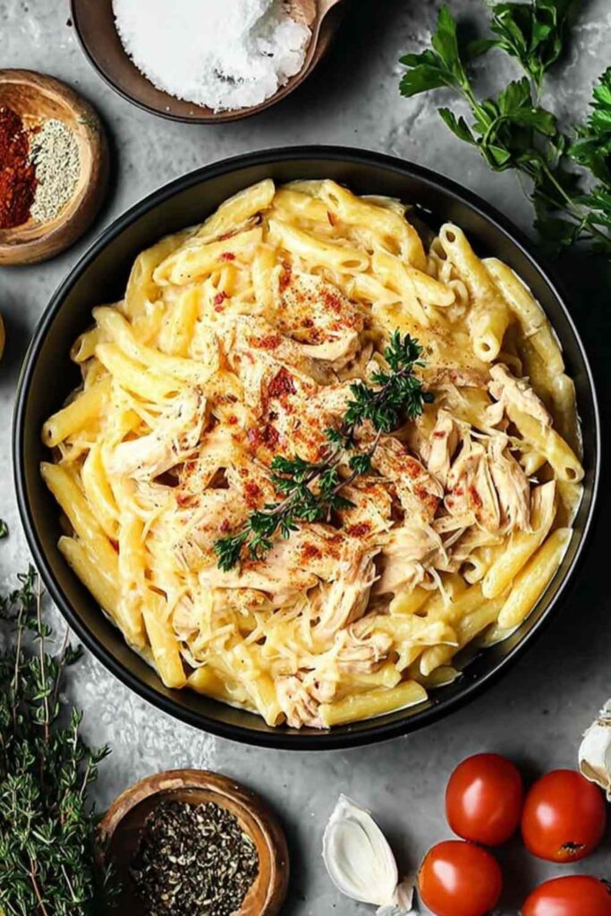 Crock Pot Creamy Cajun Chicken Pasta 6 Crock pot creamy Cajun chicken pasta in a white bowl with fresh parsley garnish