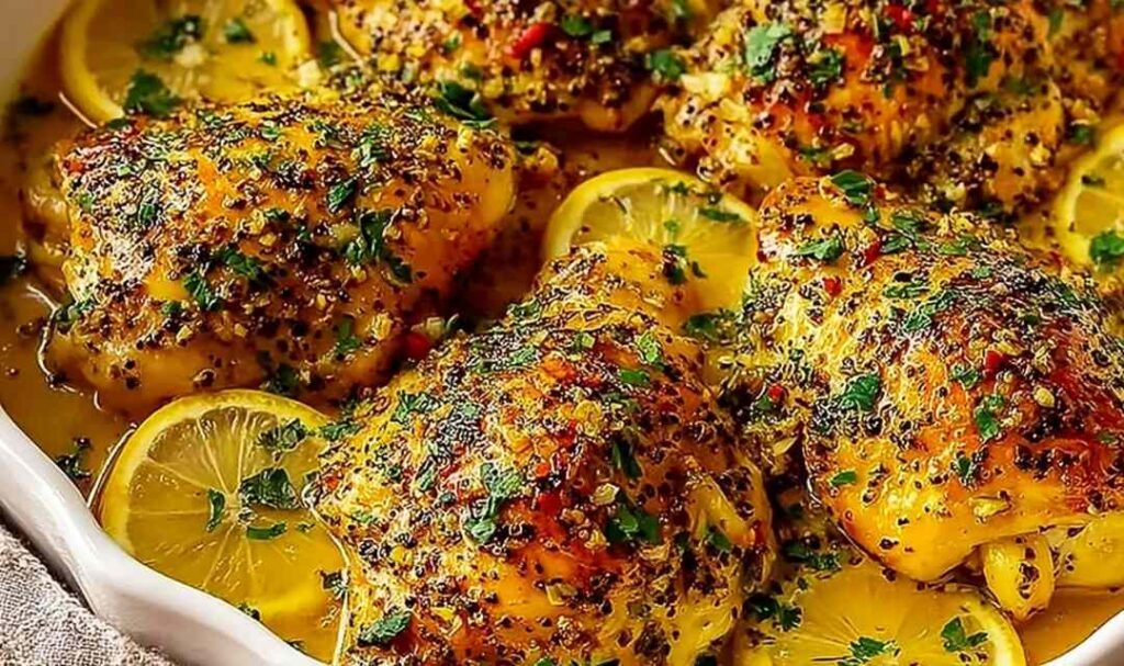 Crockpot lemon garlic chicken thighs on a white serving platter drizzled with buttery lemon garlic sauce and garnished with fresh parsley