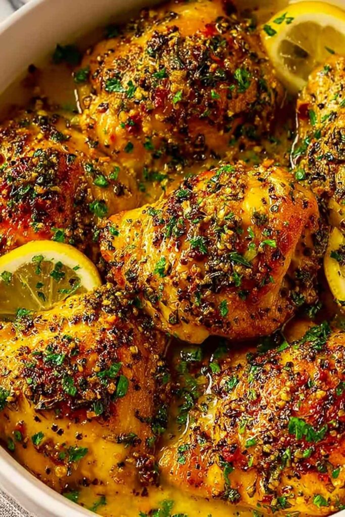 Crockpot lemon garlic chicken thighs on a white serving platter drizzled with buttery lemon garlic sauce and garnished with fresh parsley