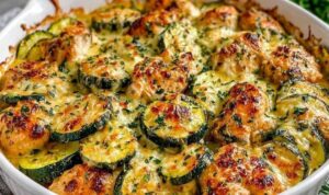 Easy Chicken Zucchini Bake - A Simple One-Pan Dinner Easy chicken zucchini bake in baking dish with melted cheese and fresh herbs