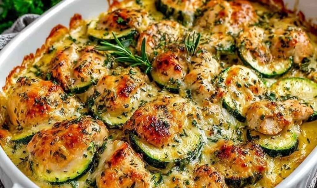 Easy chicken zucchini bake in baking dish with melted cheese and fresh herbs