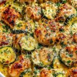 Easy chicken zucchini bake in baking dish with melted cheese and fresh herbs