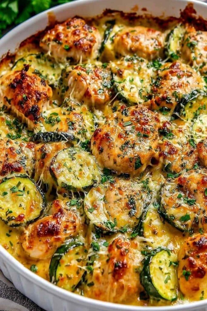Easy chicken zucchini bake in baking dish with melted cheese and fresh herbs