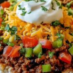 Easy taco rice bowl with seasoned ground beef, shredded cheddar, fresh lettuce, diced tomatoes, and sour cream in a white bowl