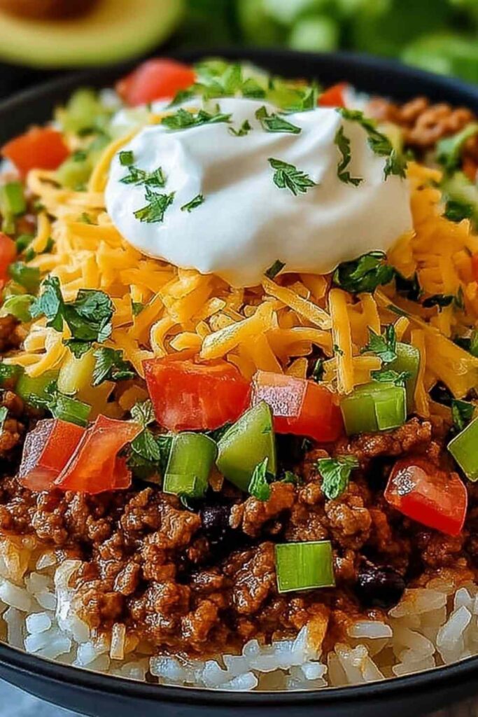 Easy taco rice bowl with seasoned ground beef, shredded cheddar, fresh lettuce, diced tomatoes, and sour cream in a white bowl